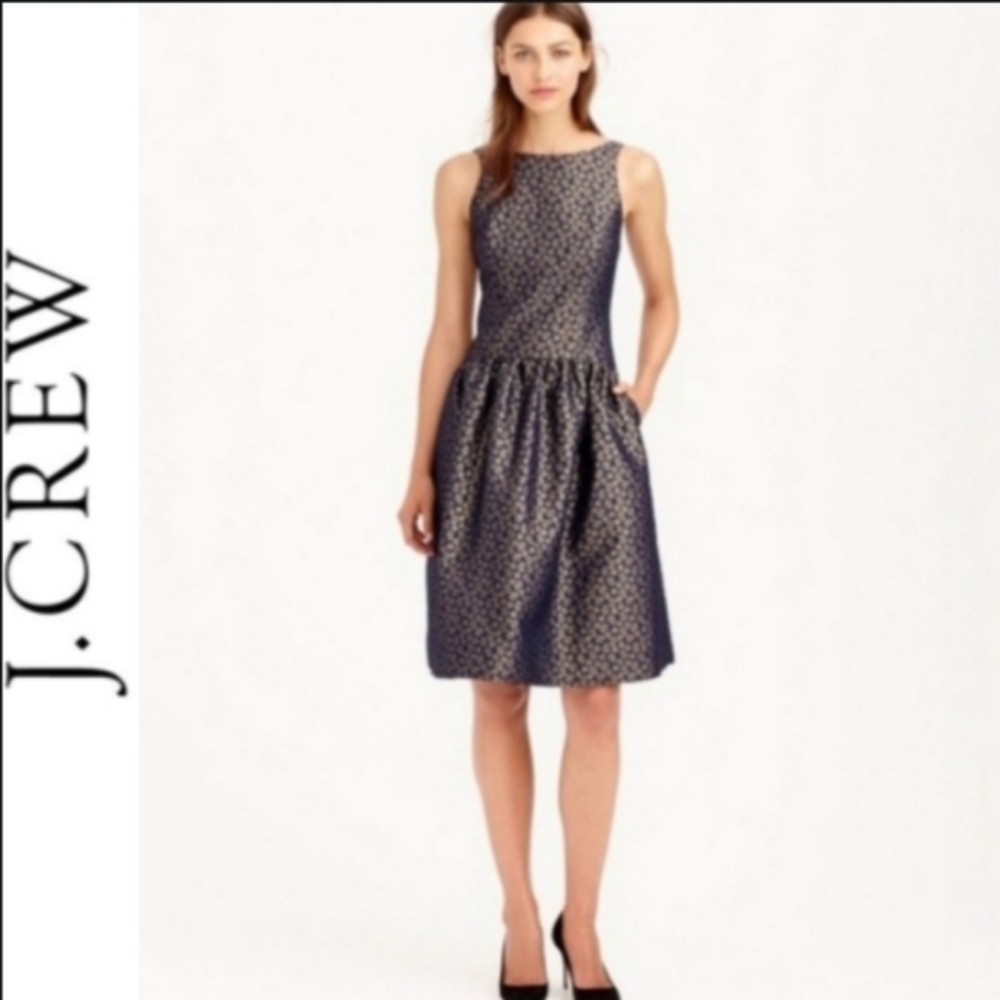 J. Crew Navy and Gold Sleeveless Fit-and-Flare Mini Dress